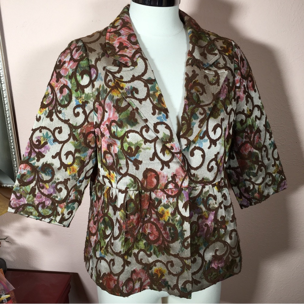 Vintage 90 Y2K Victorian Tapestry Shrunken Baby Doll croquet girl Cropped Blazer